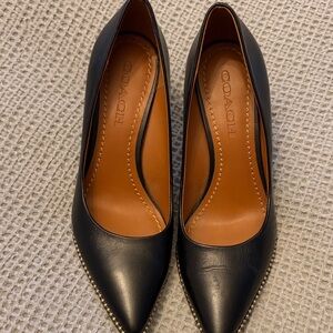 Coach Black Leather Pointed-Toe Pumps with Gold Stud Trim